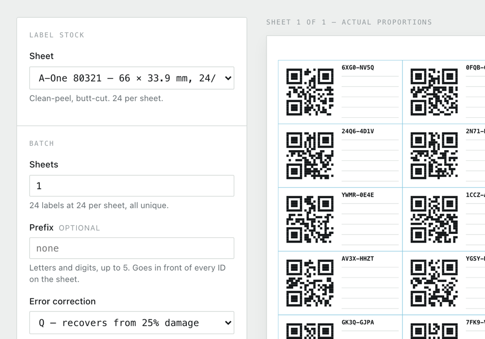 Quire: label stock, batch and error correction controls beside a preview sheet of twenty-four QR labels at actual proportions.