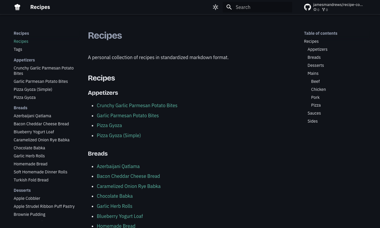 The recipe collection: a documentation site listing recipes by category &mdash; appetizers, breads, desserts and mains &mdash; with a sidebar of recipe names.